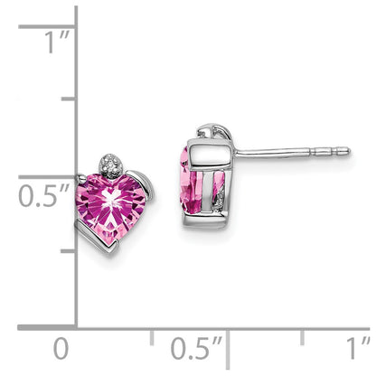 14k White Gold Created Pink Sapphire and Diamond Heart Stud Earrings