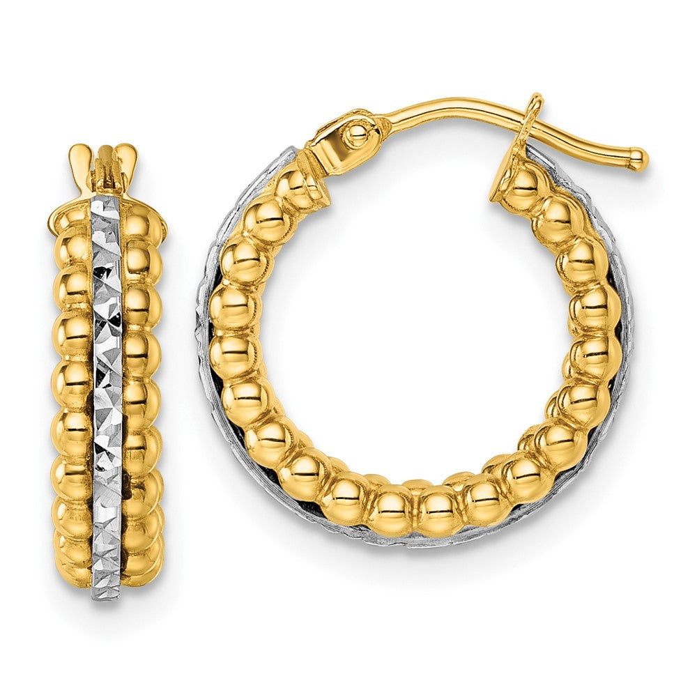 14k Two Tone Polished and Diamond-cut and Beaded Hoop earrings