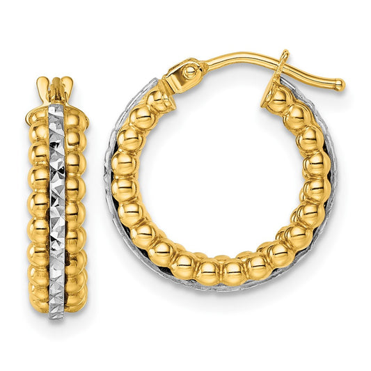 14k Two Tone Polished and Diamond-cut and Beaded Hoop earrings