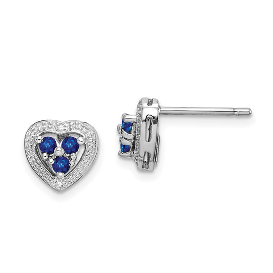 Sterling Silver Rhodium Plated Diamond & Sapphire Heart Button Stud Earrings