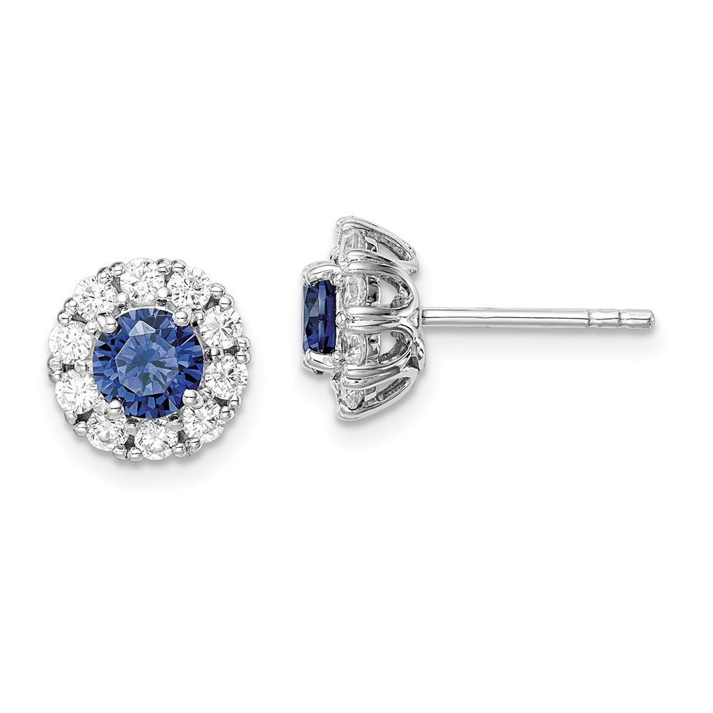 Sterling Silver Rhodium-plated Blue and White CZ Halo Button Stud Earrings