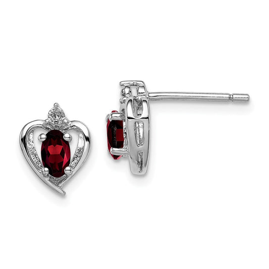 Sterling Silver Rhodium-plated Garnet & Diam. Button Stud Earrings